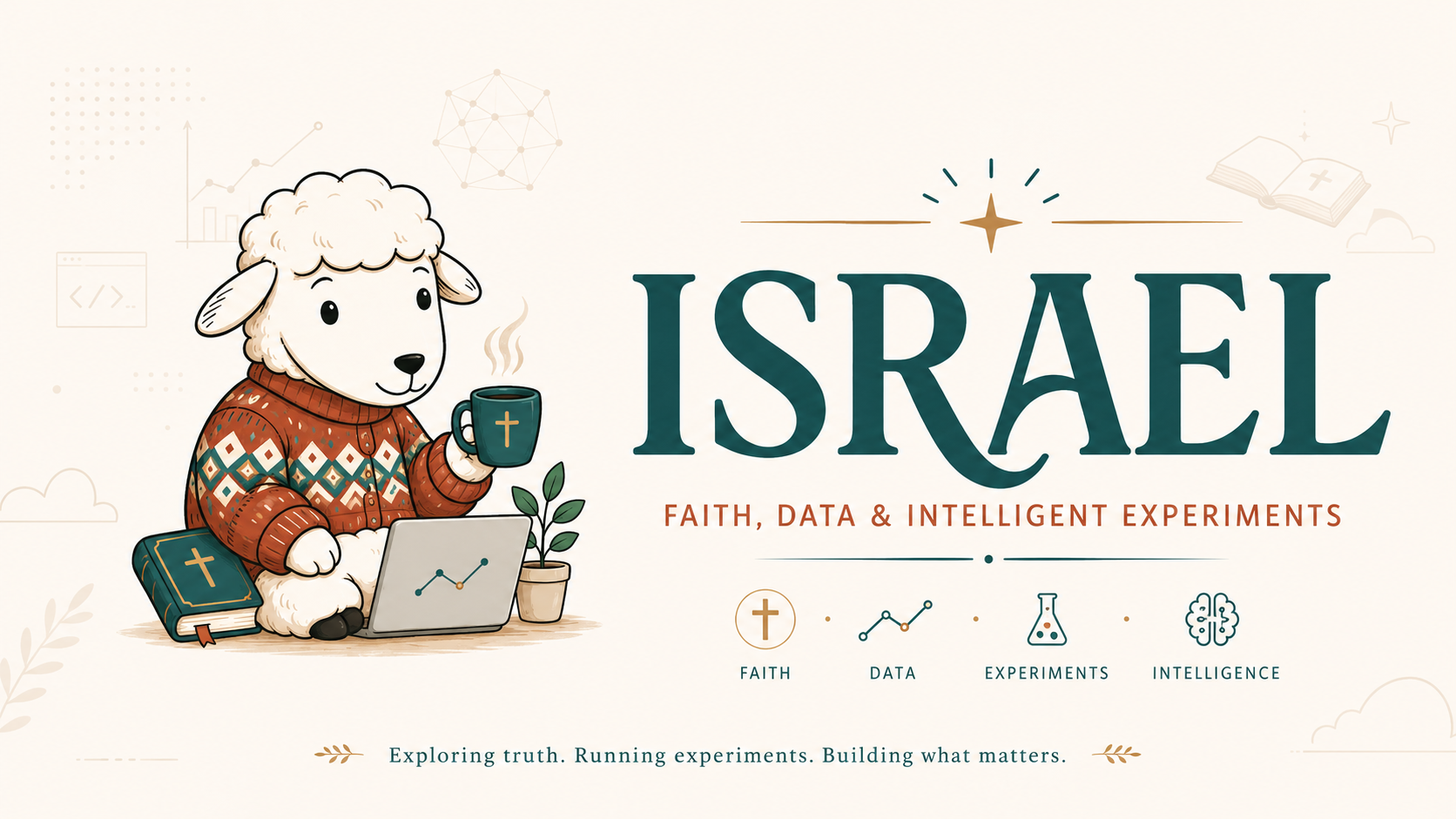 Mascote Israel The Sheep com elementos de estudo e tecnologia