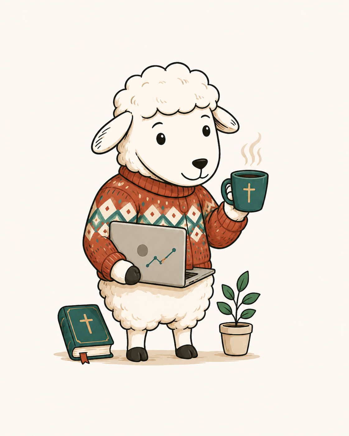 Mascote Israel The Sheep segurando café e notebook